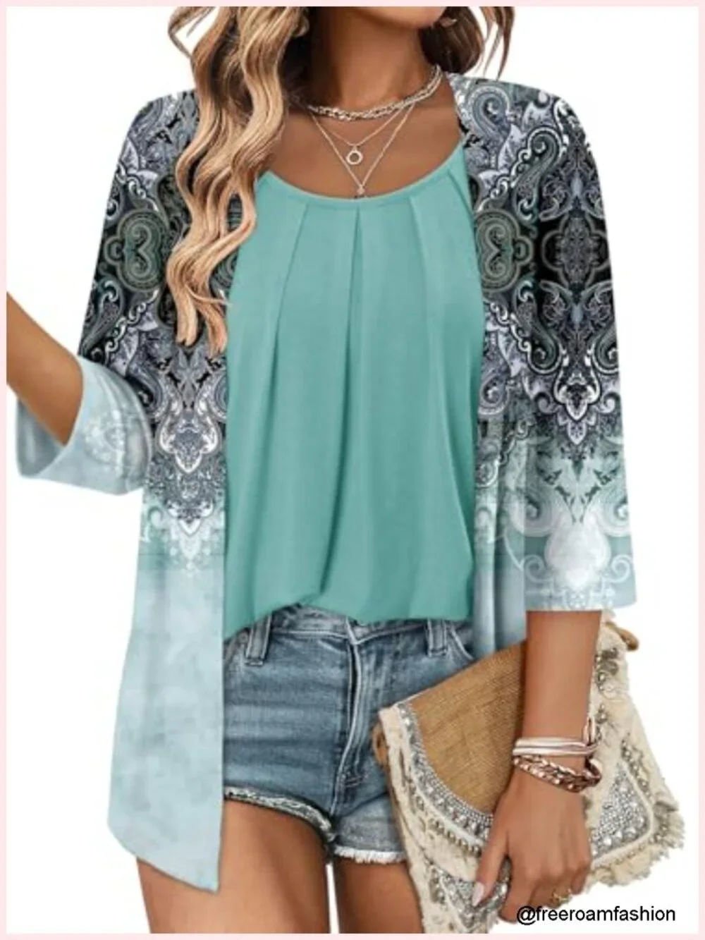 3/4 Sleeve Tunic Top Flowy Ruffle U-Neck Lightweight